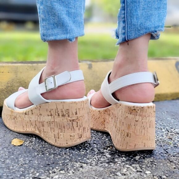 Women's High Platform Ankle Strap Wedge White Color - Picture 2 of 5